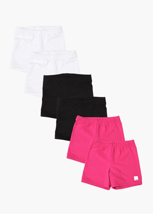 6-pack girls tumble short - white, black, hot pink