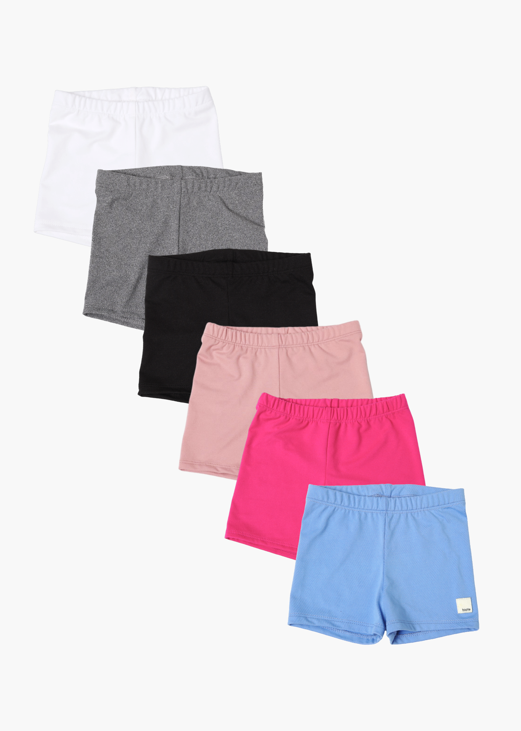 6-pack girls tumble short - white, heather grey, black, light pink, hot pink, baby blue