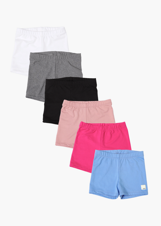 6-pack girls tumble short - white, heather grey, black, light pink, hot pink, baby blue