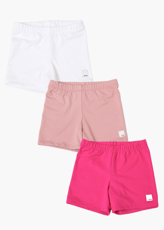 3-pack girls tumble short - white, strawberry, hot pink